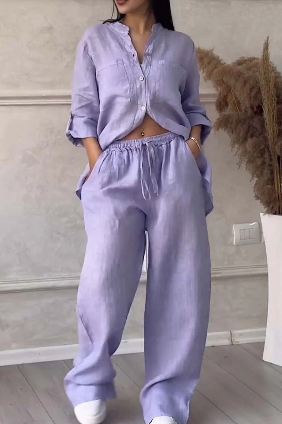 Zosia – Stylowy komplet z koszulą i szerokimi spodniami